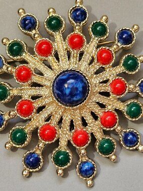 Sarah Coventry CARNIVAL Brooch Pin Starburst Red Blue Green Goldtone 1970 Vintag